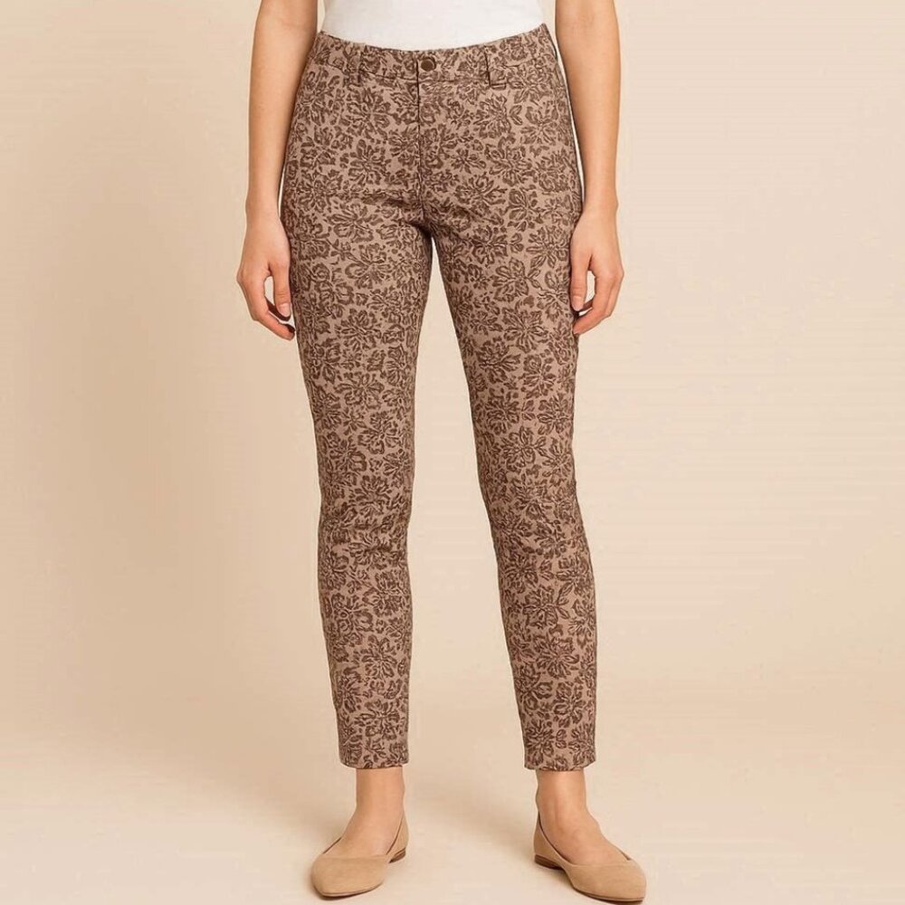 Just Fab XL Slim Leg Mid Rise Beige & Brown Printed Cotton Jeans Pants Trousers